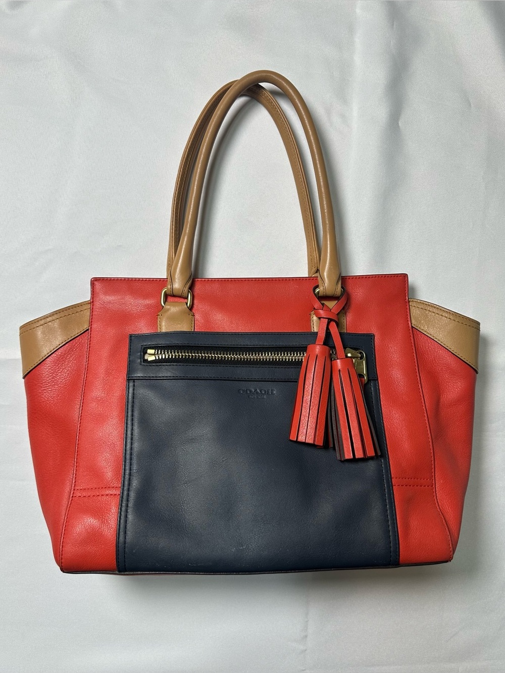 Coach Candace Red and Navy Colorblock Carryall with Tan Handles